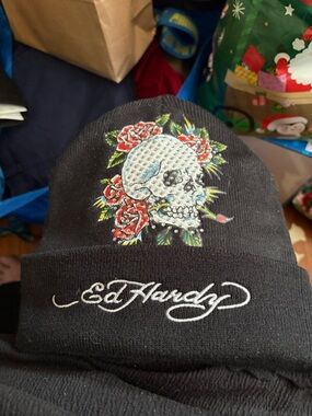 be inspired Black Beanie Hat with Skull and Red Rose Embroidery
